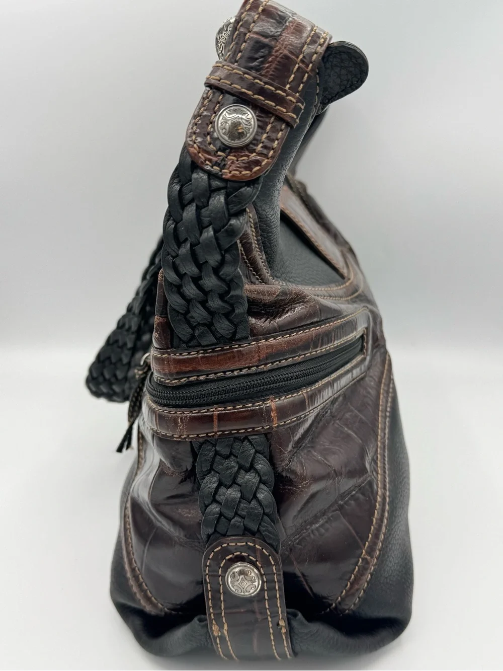 Brighton Vintage Black Leather Croc Embossed Metal Scrollwork Hobo Shoulder Bag
